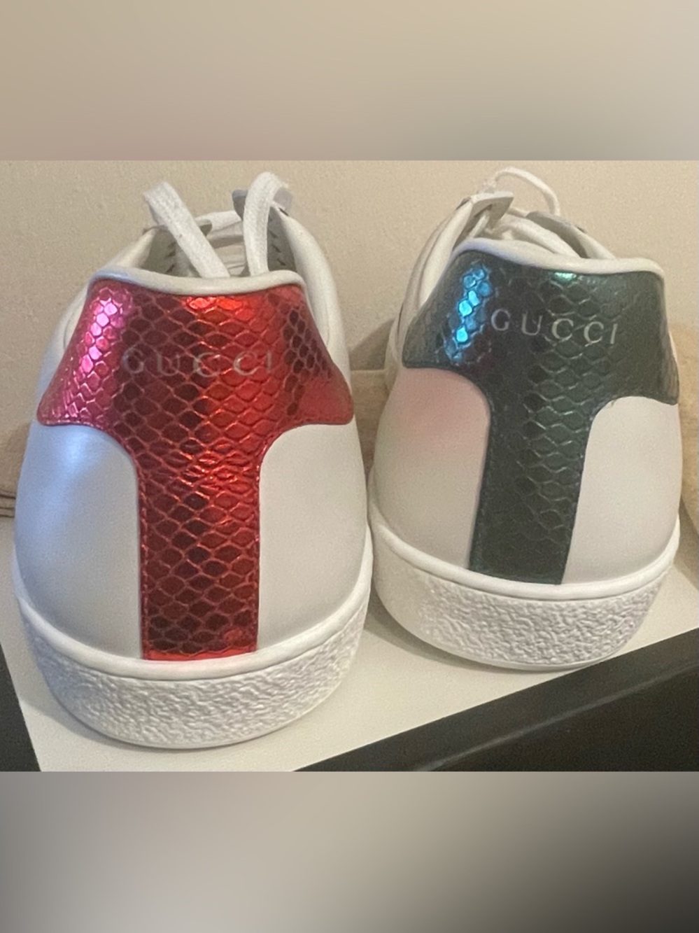 Gucci White Leather Sneakers with Red & Green Web and Embroidered Snake - Picture 3 of 8